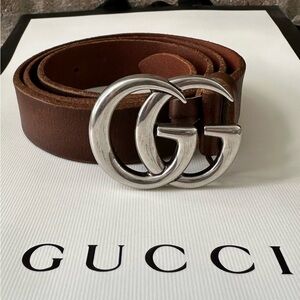 GUCCI—GG Buckle Belt—Leather Camel with silver buckle